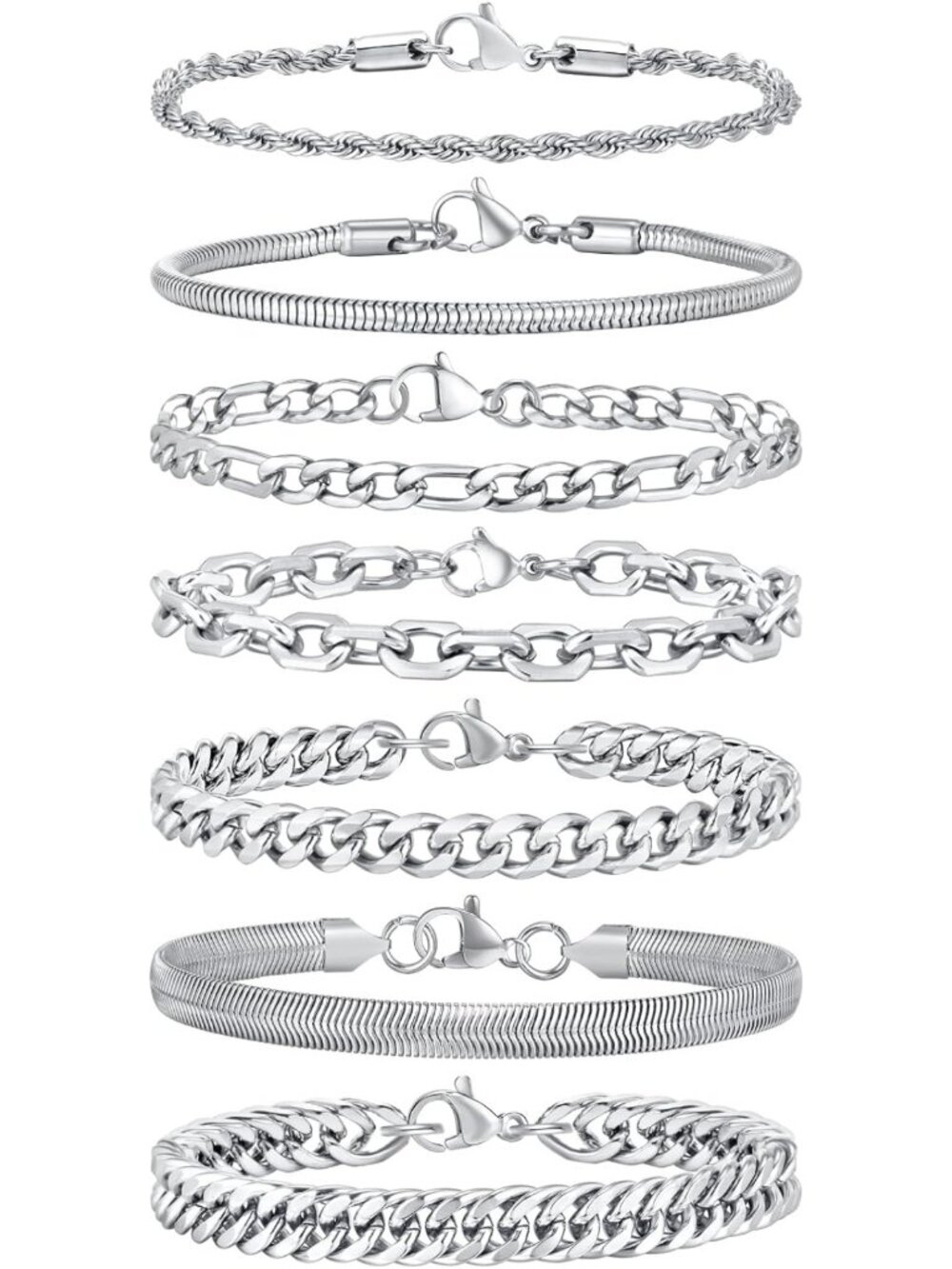 Sturdy Stainless Steel Cuban Link Chain Bracelet Set for Men & Women, 5/7 Pcs